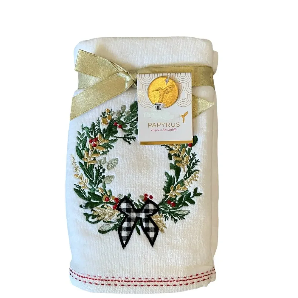 Papyrus Hand Towels Set of 2 Embroidered Christmas Holiday Wreath 16x28 NEW
